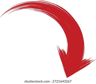 Curved red arrow vector with brushstroke texture, dynamic downward motion, isolated on white background for web design and presentations