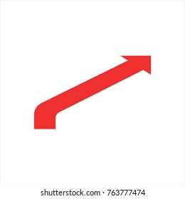 Curved red arrow vector icon on white background.