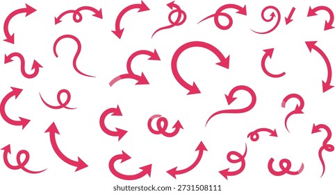 Flechas rojas curvas en diversos estilos, iconos direccionales retorcidos para Diseño gráfico, indicadores de movimiento o Elementos de comunicación visual