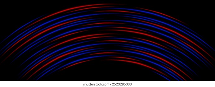 Curved red and blue light effect isolated on dark background. Neon stripes with bright glowing lines. Graphical patch of reflected light. Lens flare. Abstract rays. Vector illustration.