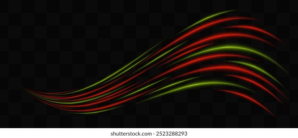 Efeito de luz de néon vermelho e verde curvo isolado no fundo escuro. Linhas onduladas fluidas com design abstrato. Correção gráfica da luz refletida. Exacerbação da lente. Ilustração vetorial.