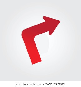 Curved red left-turn arrow with 3D shadow, perfect for road signage, traffic graphics, or safety instructions. Clean minimalist design for clear visibility.