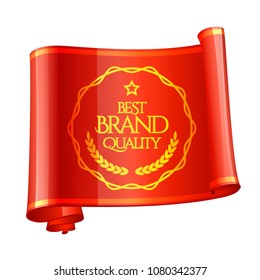 Curved red ribbon. Brand Quality Mark. Vector illustration.