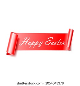 Curved red ribbon. Happy Easter. Vector realistic elements for banners and promotional flyers. Isolated white background