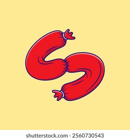 Curved Red Sausage Cartoon Vector Illustration. Food Object Concept. Flat Cartoon Outline Style.