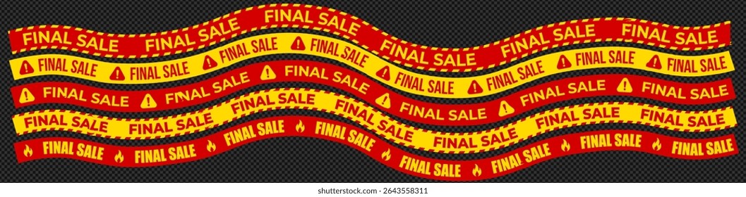 Curved red yellow tapes with bold Final Sale text, warning icons, flames. Creates urgency, hot deals impression. Used for retail ads, banners, product promos. Flat vector illustration.