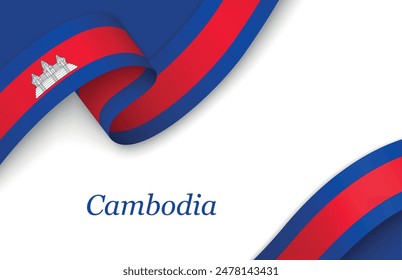 Curved ribbon with fllag of Cambodia on white background with copyspace