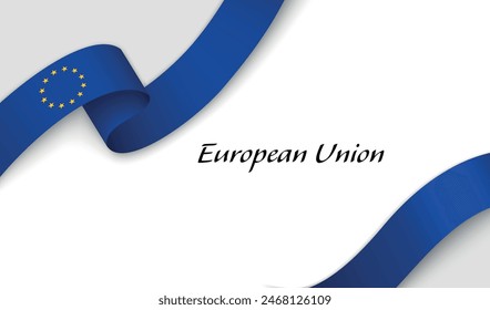 Curved ribbon with fllag of European Union on white background with copyspace