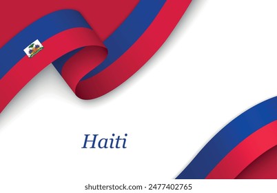 Curved ribbon with fllag of Haiti on white background with copyspace
