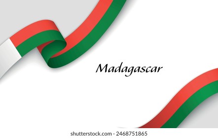 Curved ribbon with fllag of Madagascar on white background with copyspace