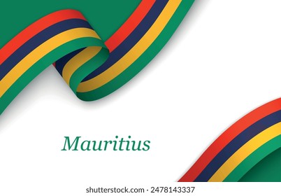 Curved ribbon with fllag of Mauritius on white background with copyspace