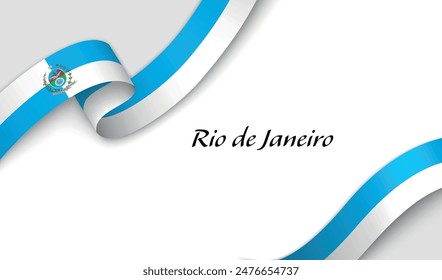 Curved ribbon with fllag of Rio de Janeiro is a state of Brazil on white background with copyspace