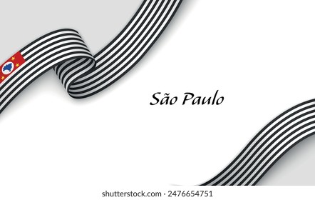 Curved ribbon with fllag of Sao Paulo is a state of Brazil on white background with copyspace