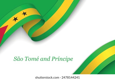 Curved ribbon with fllag of Sao Tome and Principe on white background with copyspace