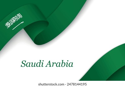 Curved ribbon with fllag of Saudi Arabia on white background with copyspace