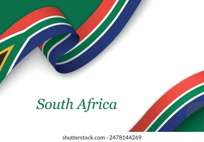 Curved ribbon with fllag of South Africa on white background with copyspace