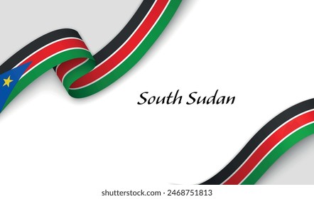 Curved ribbon with fllag of South Sudan on white background with copyspace