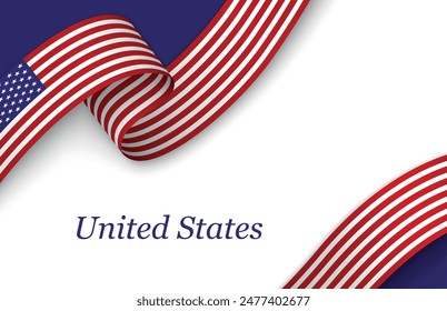 Curved ribbon with fllag of United States on white background with copyspace