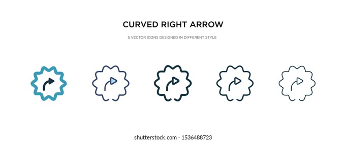 curved right arrow icon in different style vector illustration. two colored and black curved right arrow vector icons designed in filled, outline, line and stroke style can be used for web, mobile,