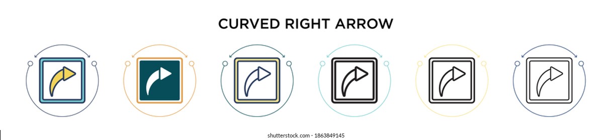Curved right arrow icon in filled, thin line, outline and stroke style. Vector illustration of two colored and black curved right arrow vector icons designs can be used for mobile, ui, web
