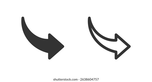 Curved right arrow icon set. Suitable for next steps, flow progression, and general forward movement. Symbol of next, progress, and flow.