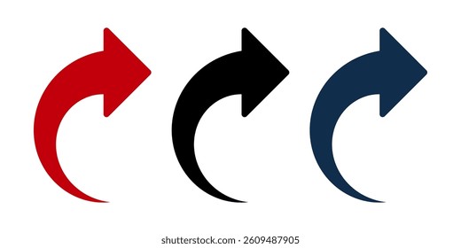 Curved right arrow icons set. Red, black, and blue directional arrows for navigation, forward movement, redo or repeat action. Simple vector design for UI, web, and app interfaces.