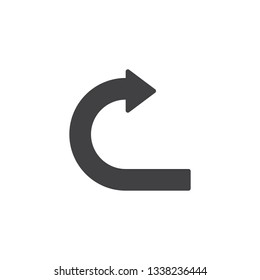Curved right arrow vector icon. filled flat sign for mobile concept and web design. Redo arrow glyph icon. Symbol, logo illustration. Pixel perfect vector graphics