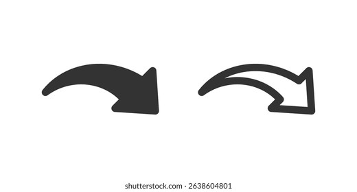 Curved right down arrow icon set. Suitable for data flow, next steps, and descending trends. Symbol of data flow, next, and diagonal direction.