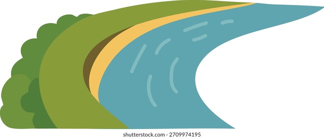 Un río curvo fluye entre árboles verdes y un banco de arena que se muestra desde una perspectiva Aéreas simple.
