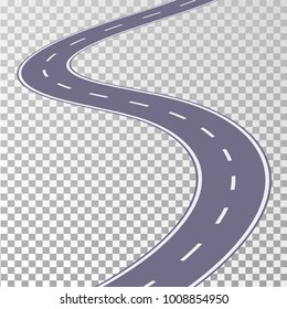 Curved road asphalt with white markings on a transparent background. Vector illustration