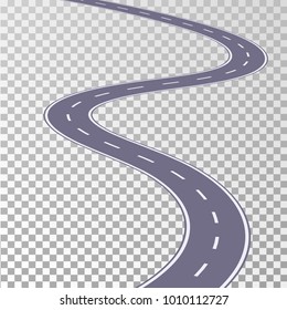 Curved road asphalt with white markings on a transparent background. Vector illustration