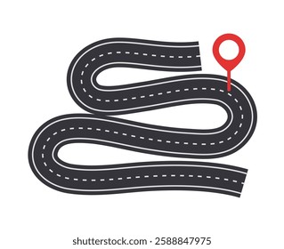 Curved road with dashed lines and a red location pin at the endpoint, isolated on a white background. Concept of destination, navigation, and travel route. Vector illustration