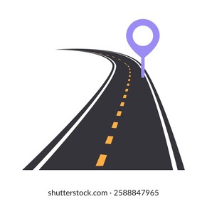 Curved road with dashed yellow lines and a purple location pin on a white background. Concept of navigation, GPS tracking, and travel direction. Vector illustration