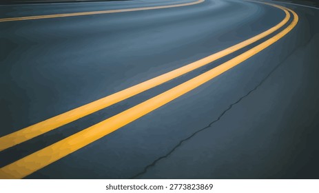 Curved road with double yellow lines at dusk