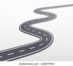 Curved road or highway with markings. Vector eps illustration isolated on transparent background.