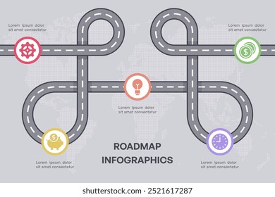 Curved Road Infographic with Five Stages on World Map Background, Professional Vector Illustration
