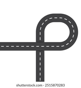 Curved road intersection. Asphalt highway loop. Dashed white lane markings. Vector illustration.