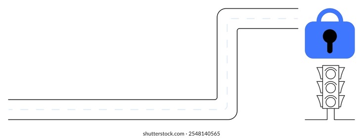 Uma estrada curva que conduz a um semáforo ao lado de um cadeado azul. Ideal para segurança, segurança rodoviária, gerenciamento de tráfego, proteção de dados, segurança digital. Design limpo e moderno