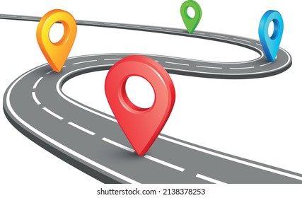 Curved road with navigation geo marks. Driving route