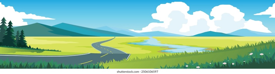 Gekrümmte Straße auf dem Grasland. Asphaltstraße zum Ziel vor. Grünes Grasfeld, durch das ein Fluss fließt. Vektorgrafik oder Illustration Transport und Naturhintergrund für Banner.