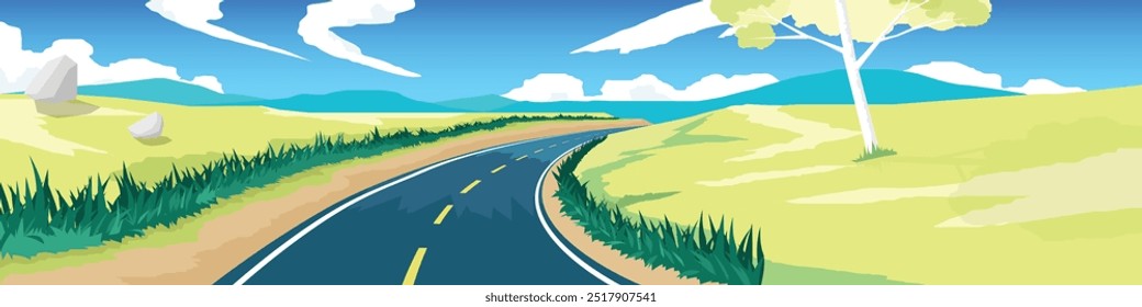 Estrada curva em uma colina com grama ao lado. Estrada asfáltica que leva ao destino à frente. Prado de montanha e verde com árvores. Vetor ou ilustração. Transporte e fundo da natureza para banner.