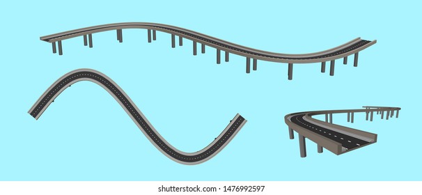 Curved road on supports. 3d Vector illustration. Different viewes.