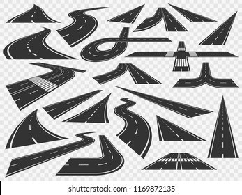 Camino curvado en perspectiva. Curvas de curvas de curvas de curvas de curva, transporte rural doblado asfalto camino de ciudad y alta curva curva carretera vectorial ilustración aislado iconos conjunto