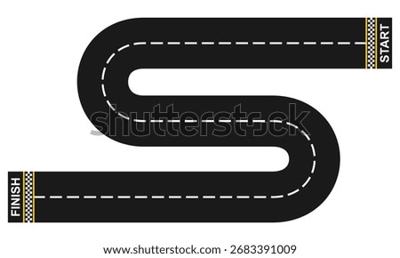 curved road for race track with start and finish line, vector illustration isolated on white background.