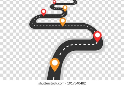 Curved road with red map markers isolated on transparent background . Road way location template. Highway in aerial perspective. Vector illustration.