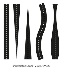 Curved road shapes. Dotted road strip. Vertical route design. Vector path set.