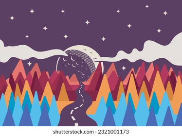 Curved road stretching beyond the horizon and giant moon in the background. Colorful minimalist trees in retro vintage style. Isolated vector illustration.