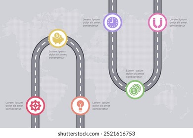 Curved Road Timeline with Business and Finance Icons, Global Journey Illustration on World Map Background Vector Illustration