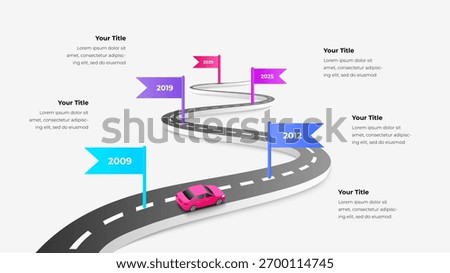Curved Road Timeline Infographic Vector. Business Path with Flags and Car for Project Milestones and Future Goals