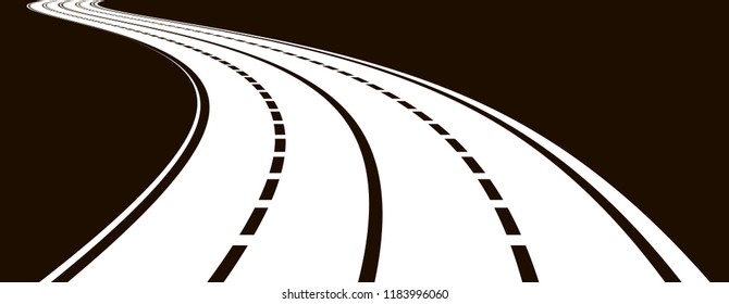 Curved road with white lines. Black and white vector illustration. Perspective of road
